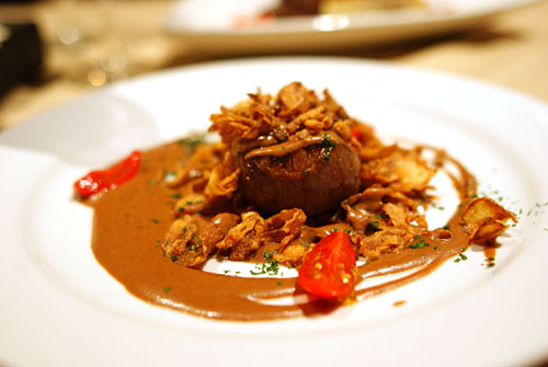 Four Ounces of All Natural Filet Mignon and Crispy Fried Onions with Bleu Des Basque Demi Cream Sauce