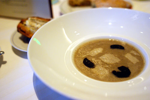 Artichoke and Black Truffle Soup, Toasted Mushroom Brioche, and Black Truffle Butter