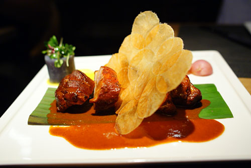 Maya puerco pibil sous vide, banana leaf braised pork shoulder, Peruvian potatoes