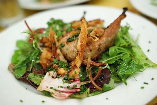 Grilled Quail with Guanciale, Mixed Baby Greens and Saba Sauce