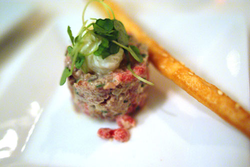 Beef Tartare with Poached Quail Egg and Breadstick