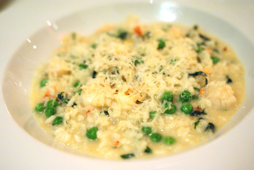 Lobster and Scallop Risotto with English Peas, Dill, Champagne and Dandelions