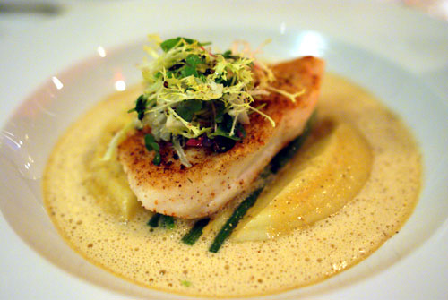 Nutmeg Crusted California Halibut, Braised Baby Fennel, Sunchokes and Lobster Broth