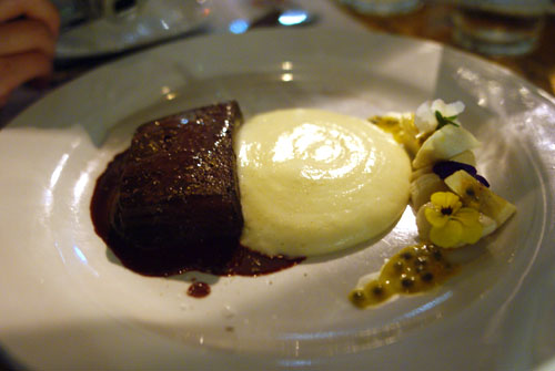 Homemade Boudin Noir Terrine Potato Puree Banana Passion Fruit