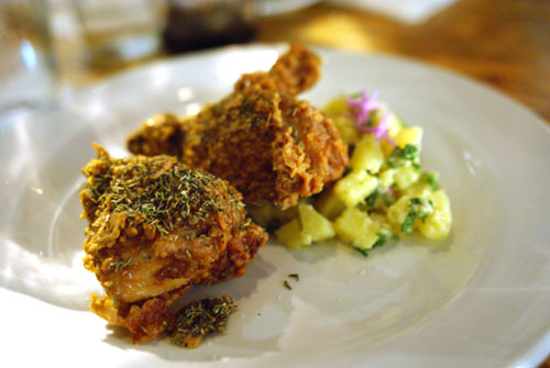 Marinated fried chicken in duck fat brown butter potato salad