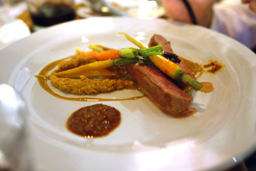 Grilled Duck Breast Carrot Cake Coulis Baby Carrots Ginger