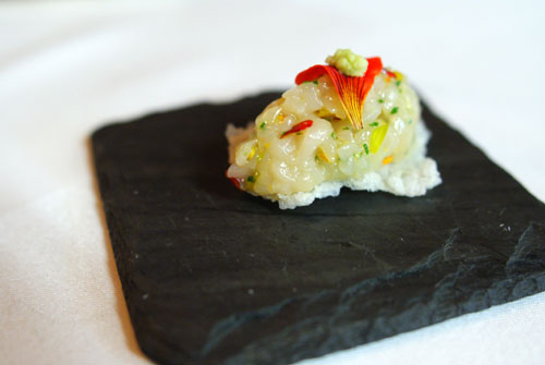 Hokkaido scallop, nasturtium blossoms, crispy rice cracker