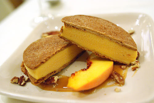 Peach Ice Cream Sandwich with Graham Cracker Cookies, Bourbon and Pecans