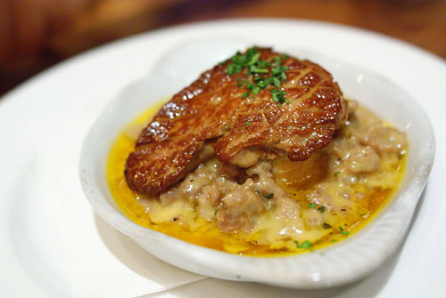 foie gras, biscuit, maple sausage gravy