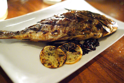 Grilled orata, forbidden rice, olive relish