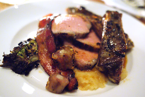 Grilled pork loin, grilled ribs, bacon, pork tail, escarole, apple sauce