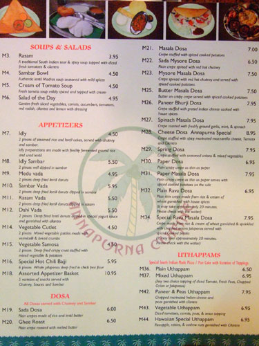 Annapurna Cuisine Menu