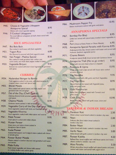 Annapurna Cuisine Menu