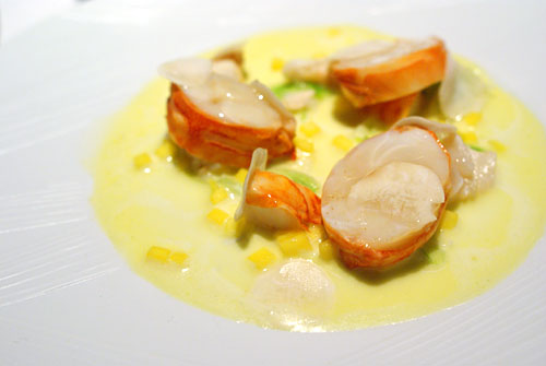 SANTA BARBARA SPINY LOBSTER: Liebig and Champagne, Mushroom, Mango, Spring Onion, Cauliflower Velouté, Nutmeg-Turmeric