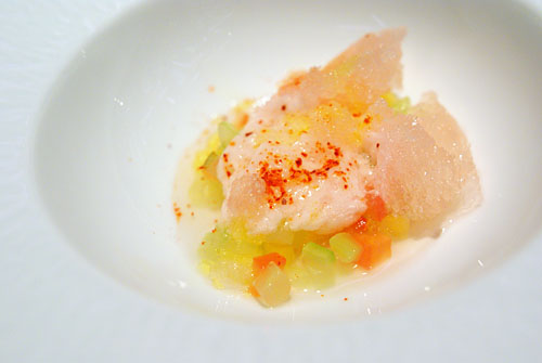 CUCUMBER, TOMATO AND PINEAPPLE: Kirsch Brandy, Rhubarb Mousse, Grapefruit Granité