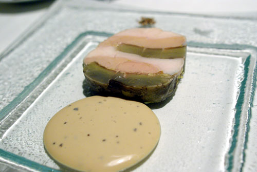 Mosaic of Milk Fed Poularde, Foie Gras and Artichoke, Black Truffle Jus