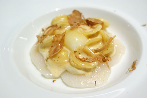 Scallop Carpaccio, White Truffle Pasta, Poached Quail Egg