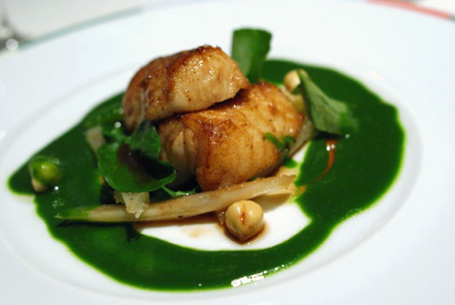 Roasted Monkfish, Salsify Confit, Hazelnuts and Watercress Jus