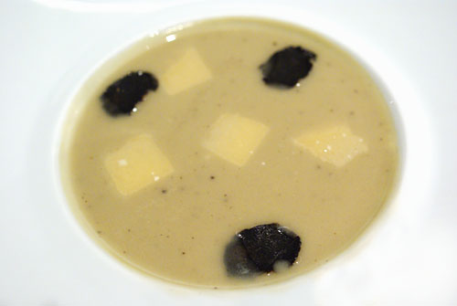 Artichoke and Black Truffle Soup, Toasted Mushroom Brioche, and Black Truffle Butter