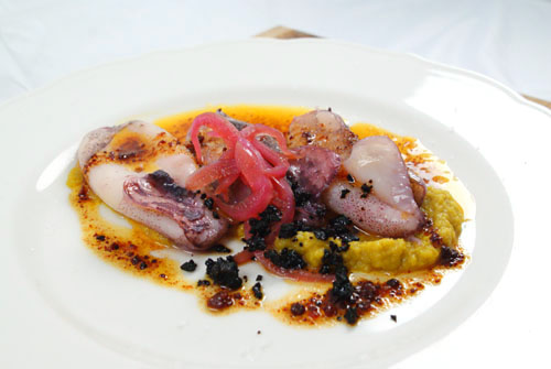 Slowly Sauteed Monterey Wild Squid, Chorizo Oil, Kimchi Puree, Black Olive