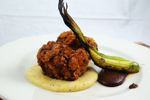 Fried Chicken, Cantal Polenta, Baby Corn, Mole