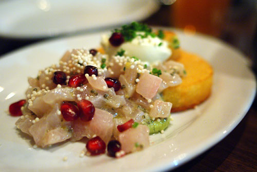 White Soy Marinated Yellowtail with Crushed Avocado, Crispy Hash Brown & Creme Fraiche