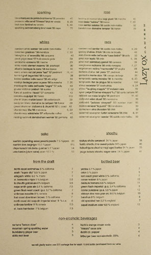 Lazy Ox Canteen Menu