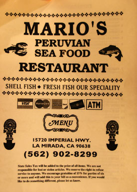 Mario's Peruvian Seafood Menu