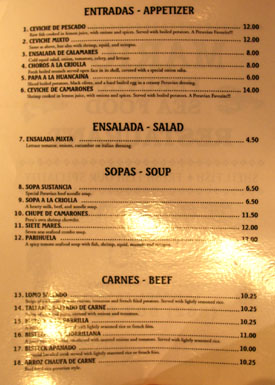 Mario's Peruvian Seafood Menu