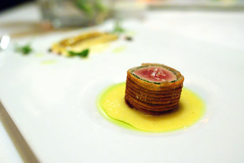 Potato Wrapped Tuna Wellington with Caponata Ravioli and Sauce Béarnaise