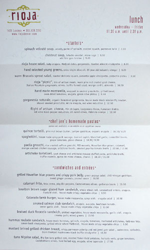 Rioja Lunch Menu