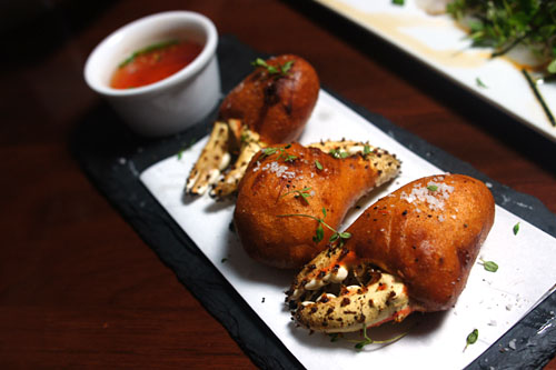 king crab claws 'corn dogs'