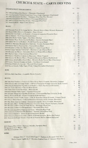 Church & State Wine List