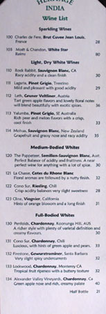 Heritage India Wine List