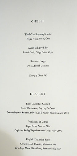 Meadowood Dessert and Cheese Menu