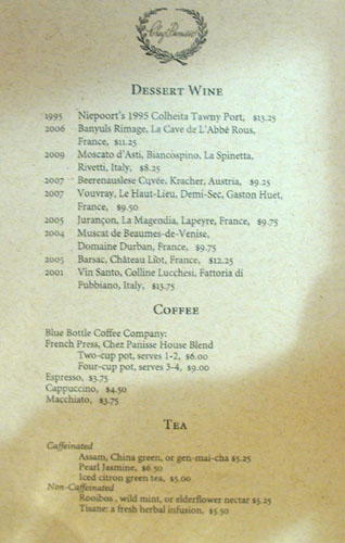 Chez Panisse After Dinner Drink Menu