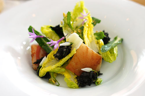 Corned pork jowl salad, black trumpet vinaigrette, chicory and lettuce stems and leaves