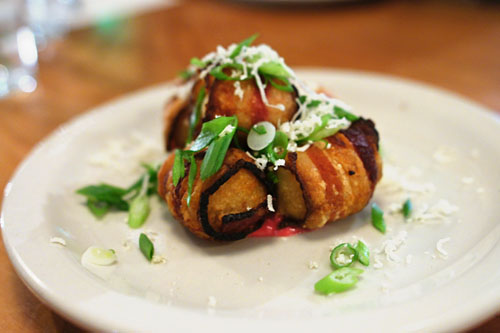 Bacon-wrapped matzoh balls, horseradish mayonnaise