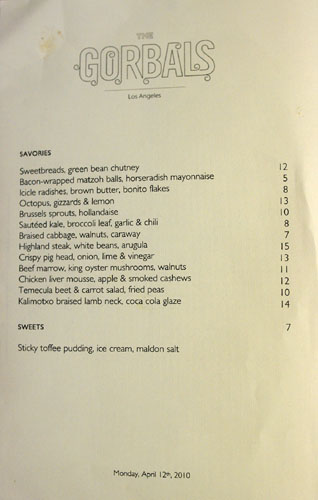 The Gorbals Menu