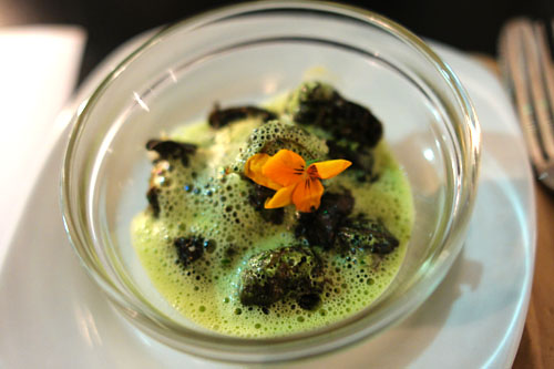 Burgundy Escargots, Garlic Flan, Green Jus, Violet Flowers