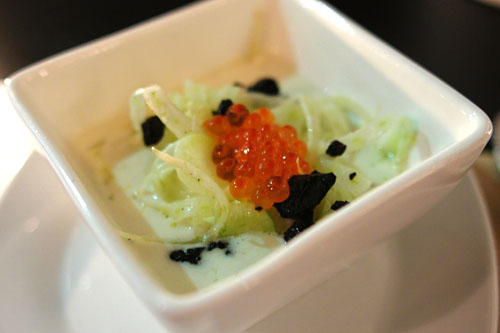 White Asparagus Velouté, Mozzarella Mousse, Fennel, Candied Olive, Salmon Roe