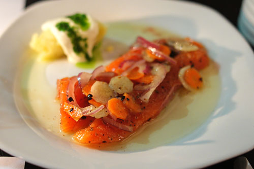 Marinated King Salmon, German ButterBall Potato, Red Wine Vinaigrette, Crème Fraiche