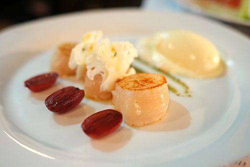 Scallop, Almond Puree, Pickled Grapes, Capers, Curry Oil & Cauliflower Ice Cream