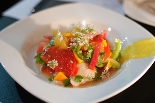 Snapper Ceviche, Heirloom Tomato, Jalapenos, Red Onions, Meyer Lemon Paste, Olive Oil