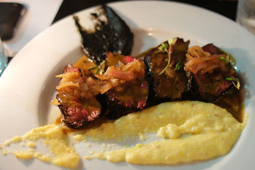 Steak 'Au Poivre', Shallots, Polenta Bone Marrow, Roasted Eggplant Puree