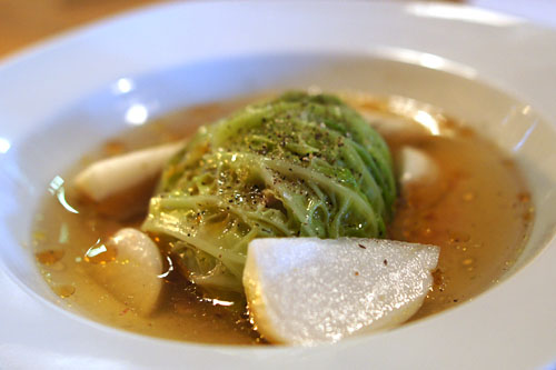 Foie Gras, Green Cabbage, Kimchi Consomme, Pickled Turnips, Sesame Oil