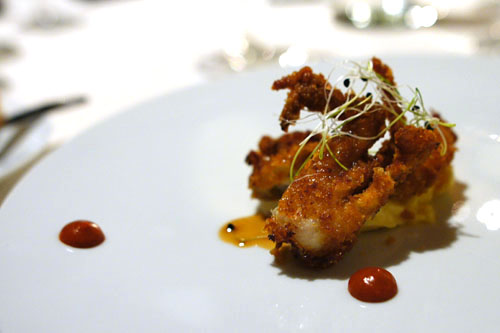 Soft shell crab, scrambled corn, Old Bay, vanilla-crab jus