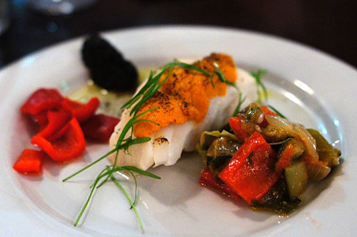 Day Boat Cod, Torched Uni, Ratatouille, Red Bell Pepper Pickles, Black Curry