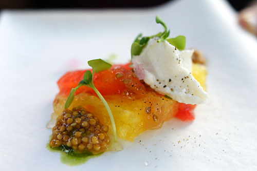 Heirloom tomato and watermelon terrine