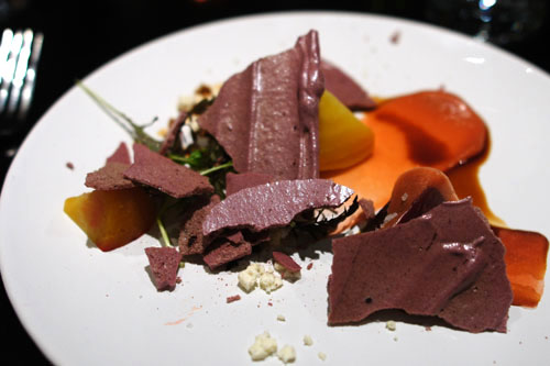 beet. saba. feta. rhubarb roll up. rhubarb campari puree. wild greens. beet meringue.